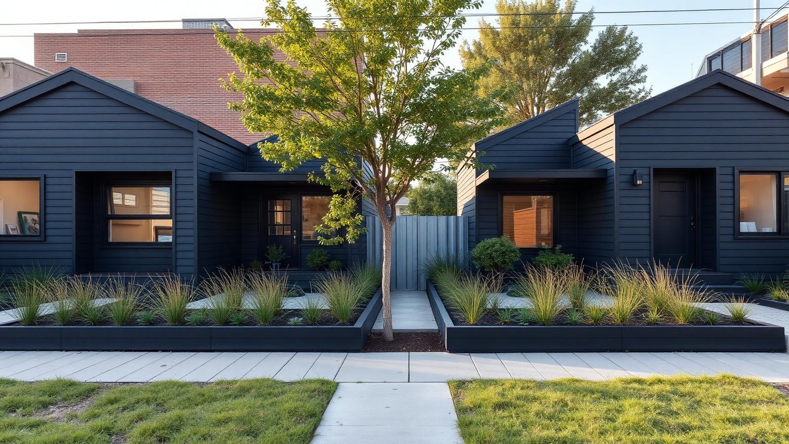 Four skinny infill homes on one lot tiny home design with garden Four narrow dark-clad houses side by side where. Images Created by www.Future-Home.Shop
