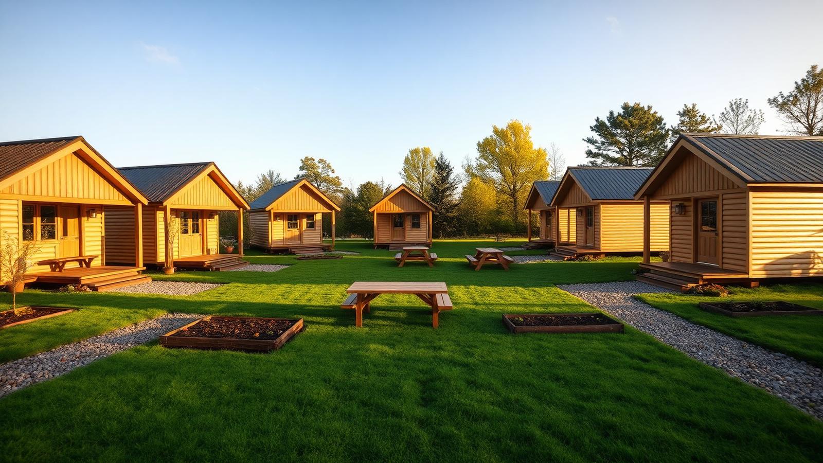 Common-land tiny home village tiny home design with garden Six pitched-roof cabins arranged around a shared lawn with picnic tables. Images Created by www.Future-Home.Shop