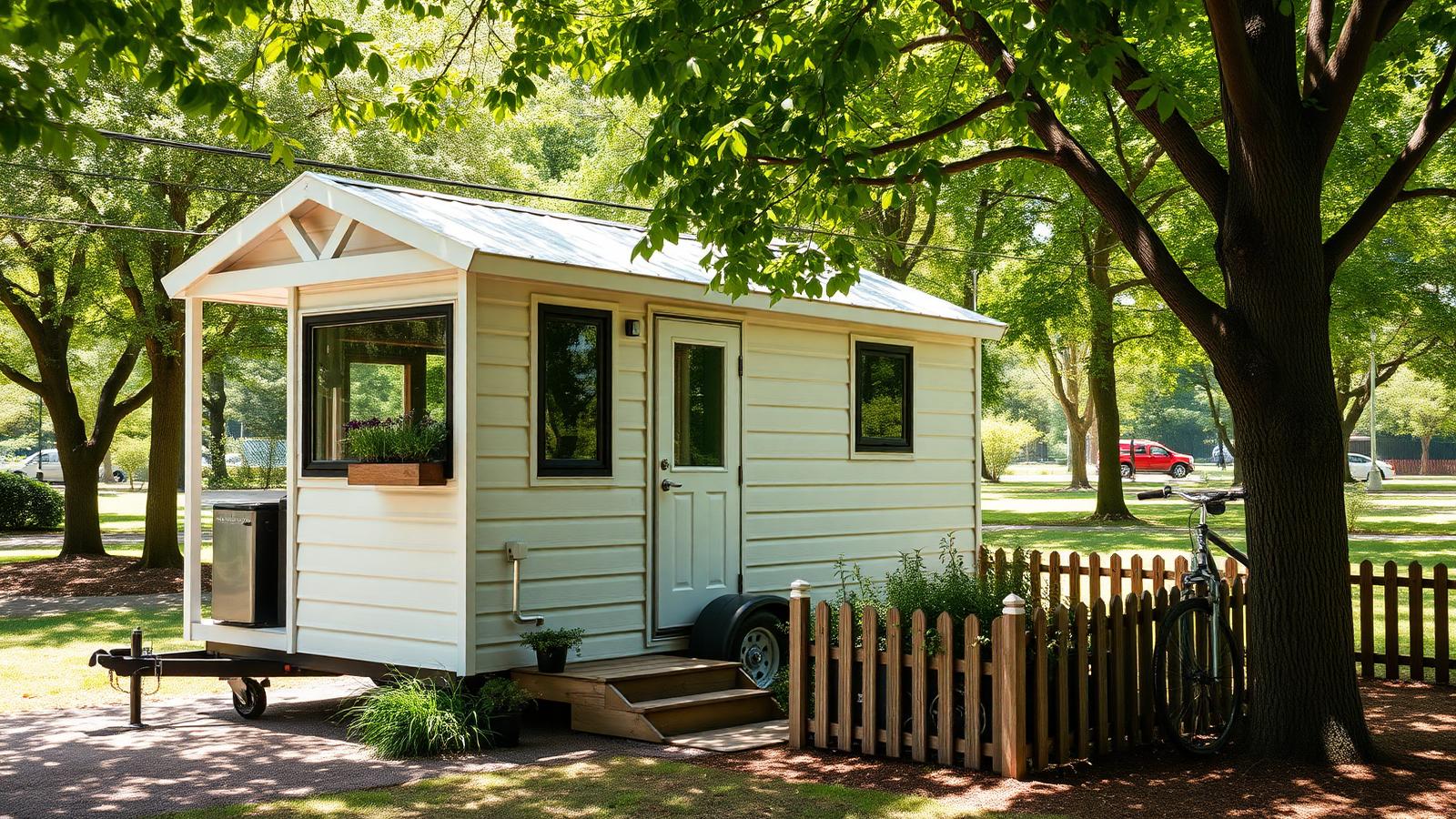 Rented pad in a parkland setting tiny home design with garden A white towable tiny home on a hired pad. Images Created by www.Future-Home.Shop