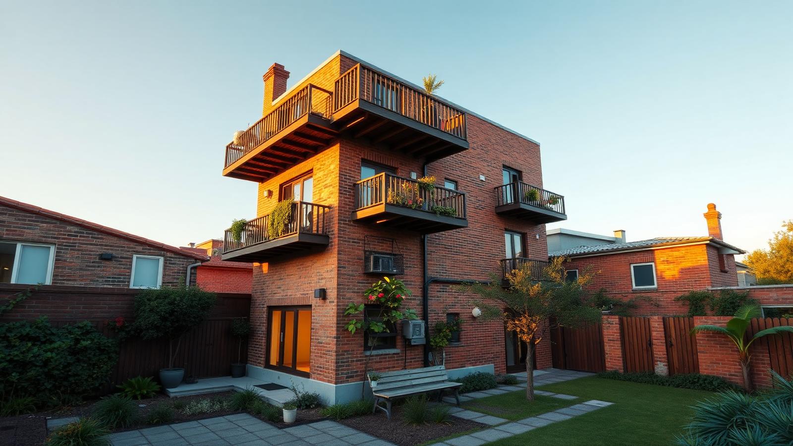 Stacked micro building of four dwellings tiny home design with garden A compact two-storey brick building holding only four tiny. Images Created by www.Future-Home.Shop
