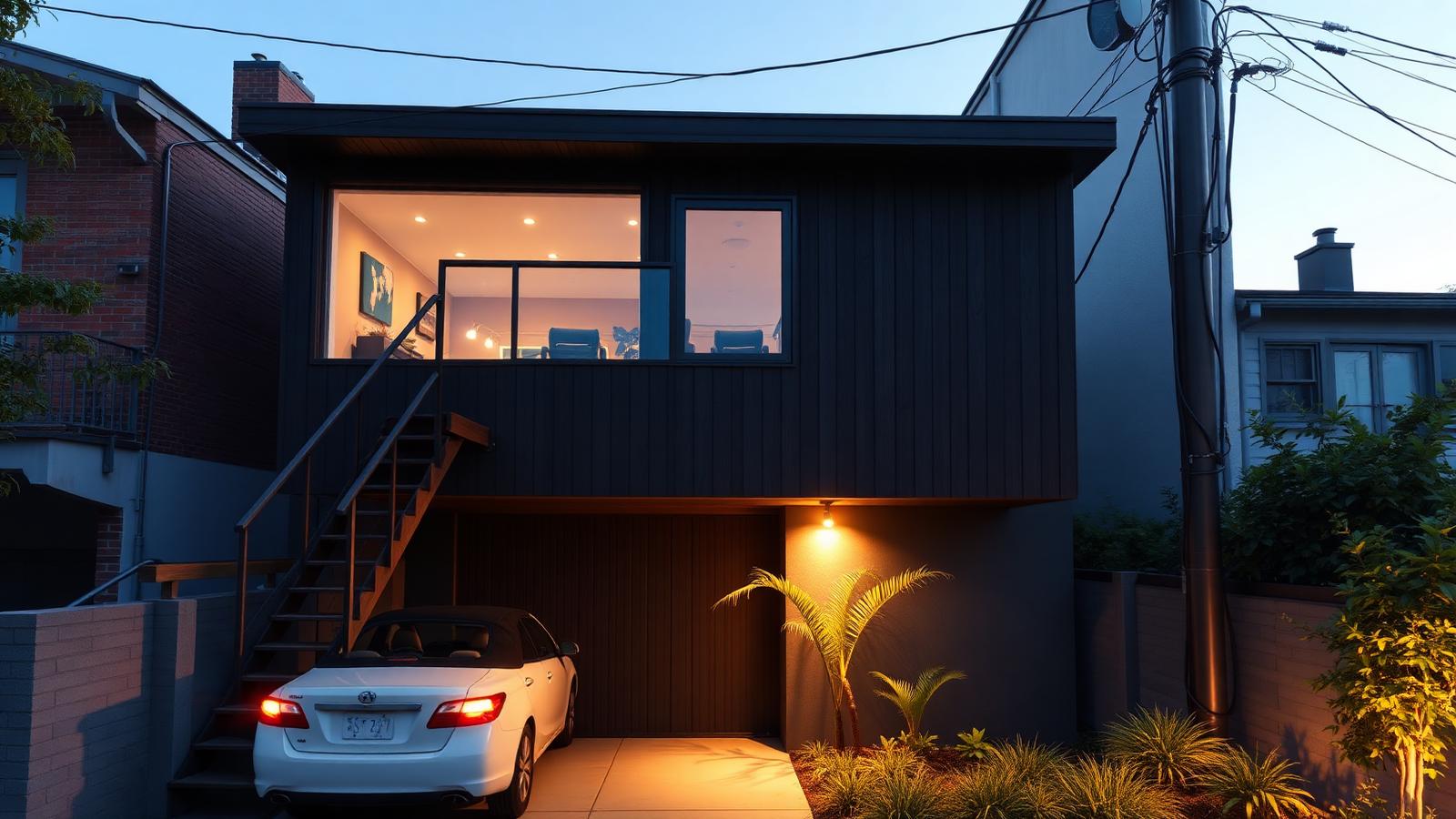 Tiny home above the carport tiny home design with garden A dark clad studio built over an existing carport with. Images Created by www.Future-Home.Shop