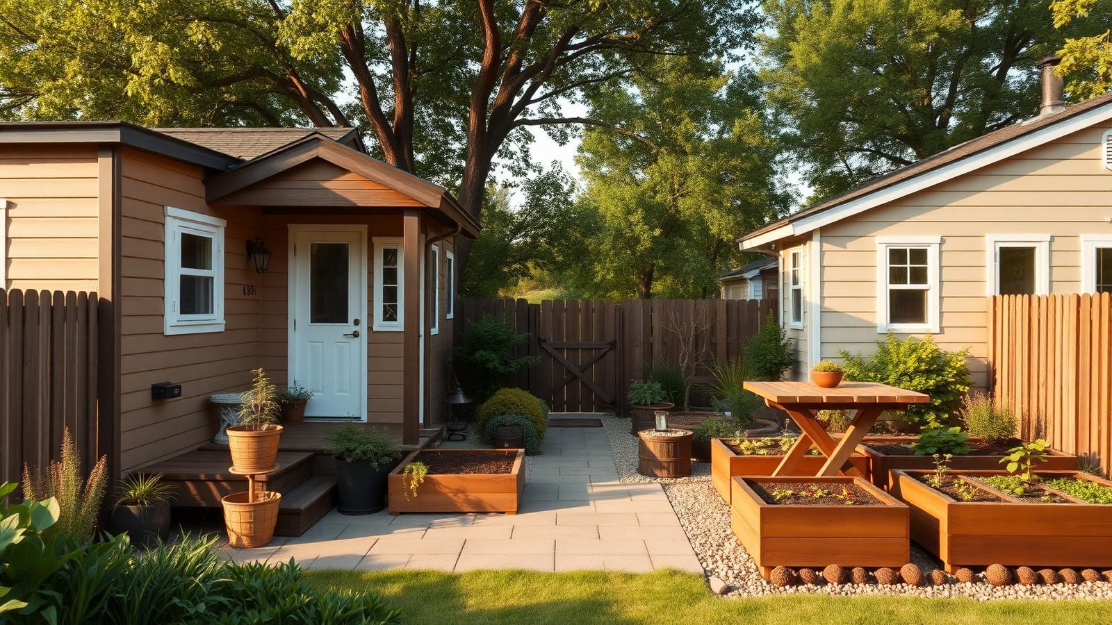 Two homes, one block, shared garden tiny home design with garden A cabin at the front and another at the. Images Created by www.Future-Home.Shop