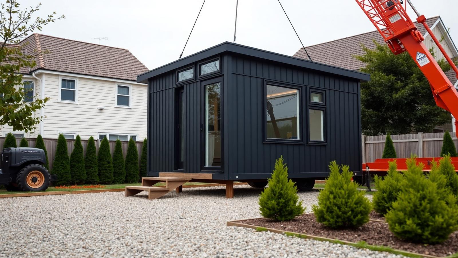 Prefabricated module craned into place tiny home design with garden A finished dark module lowered onto a suburban site with. Images Created by www.Future-Home.Shop