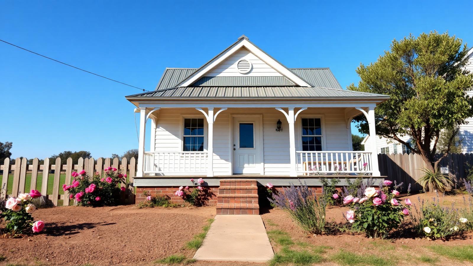 Regional town cottage on cheap land tiny home design with garden A small weatherboard cottage with a wide verandah, picket. Images Created by www.Future-Home.Shop