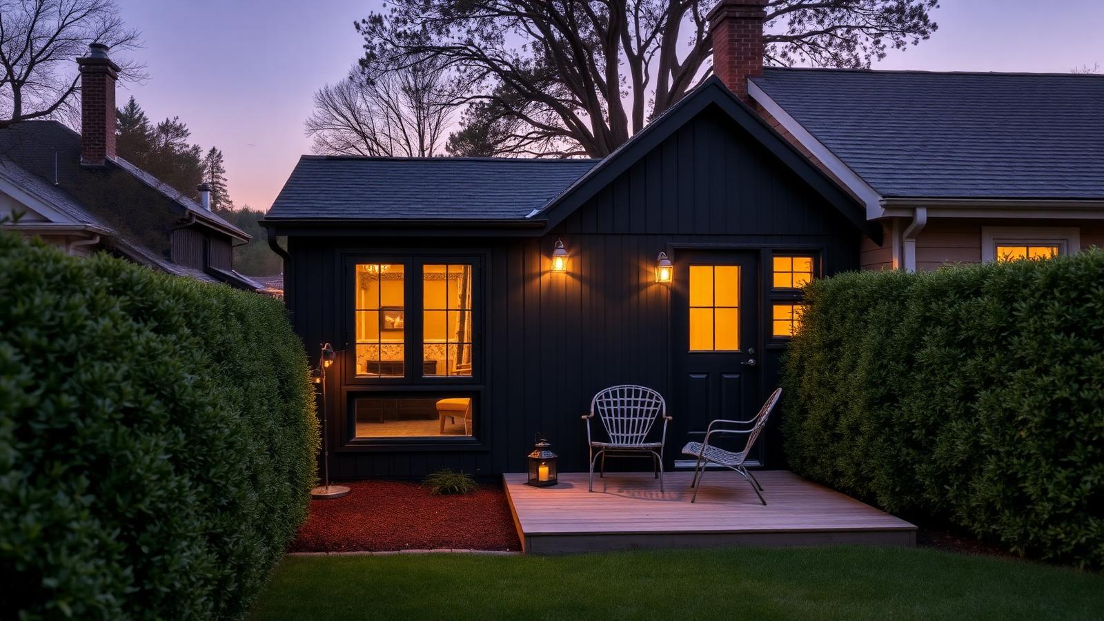 Income cabin beside the main house tiny home design with garden A black timber cabin with a hedged private entry. Images Created by www.Future-Home.Shop