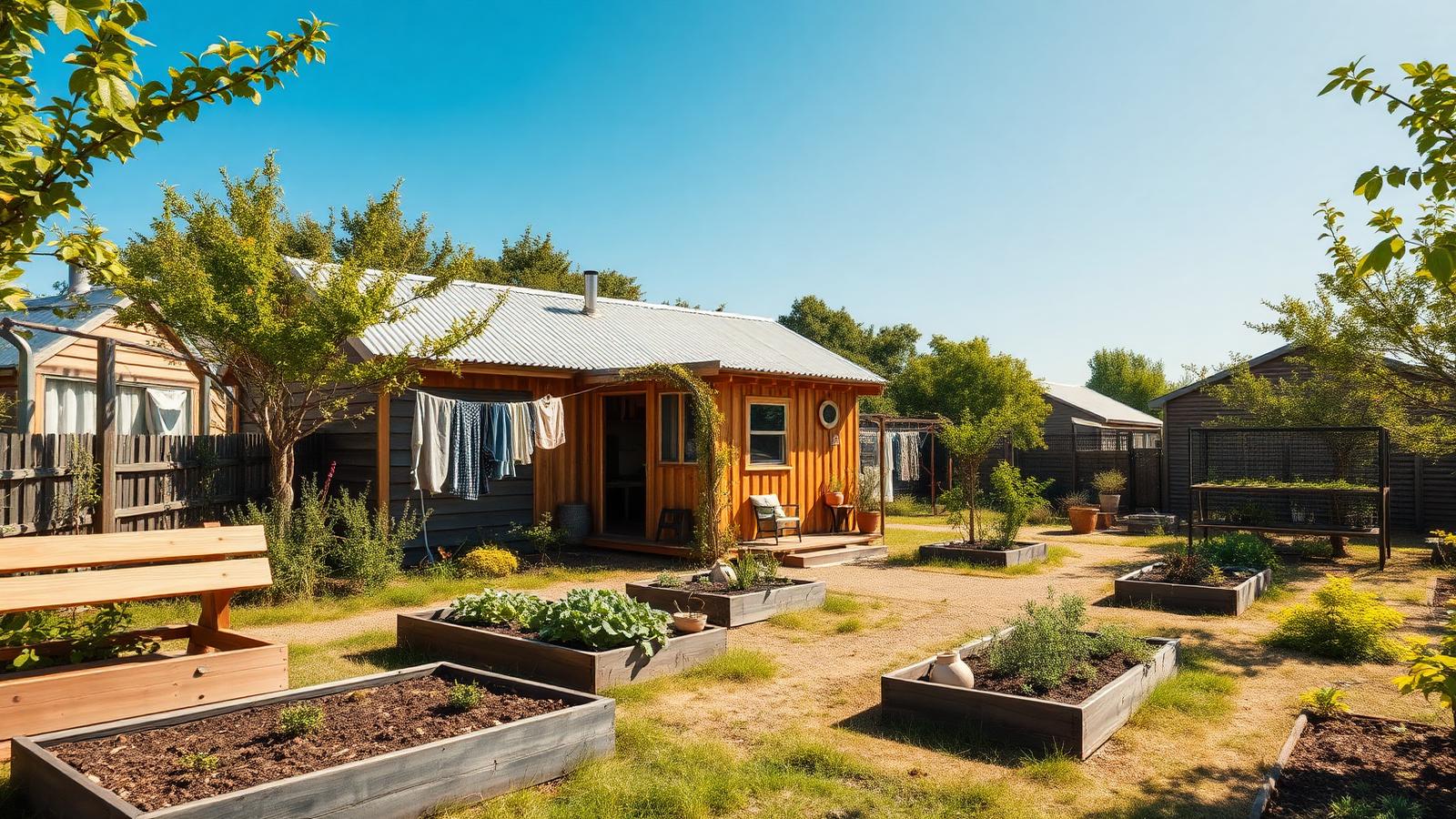 Co-housing cabin with a communal garden tiny home design with garden A timber cabin on a shared site with communal. Images Created by www.Future-Home.Shop