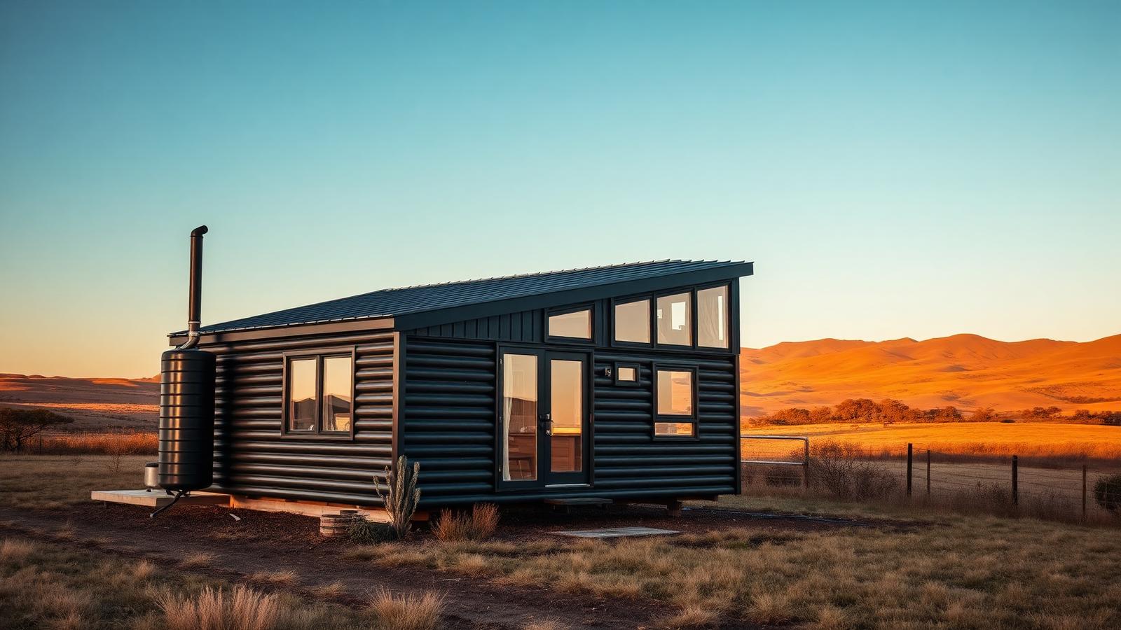 Leased rural paddock home tiny home design with garden A black steel cabin on a leased paddock with a water. Images Created by www.Future-Home.Shop