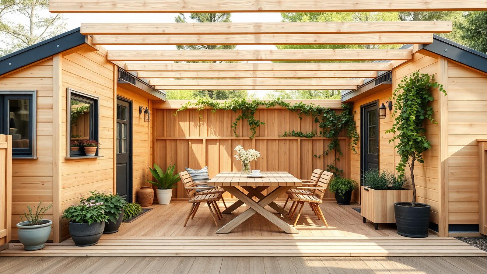 Two cabins joined by a shared deck tiny home design with garden A pair of light timber cabins linked by. Images Created by www.Future-Home.Shop