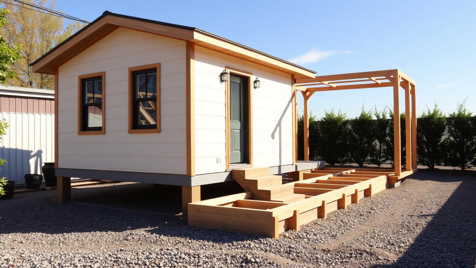 The stage-one home built to grow tiny home design with garden A finished small cabin with the footings and frame. Images Created by www.Future-Home.Shop