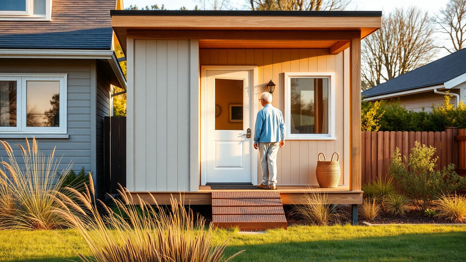 Downsizer cottage on the family block tiny home design with garden A single level home with a gentle ramp, wide. Images Created by www.Future-Home.Shop