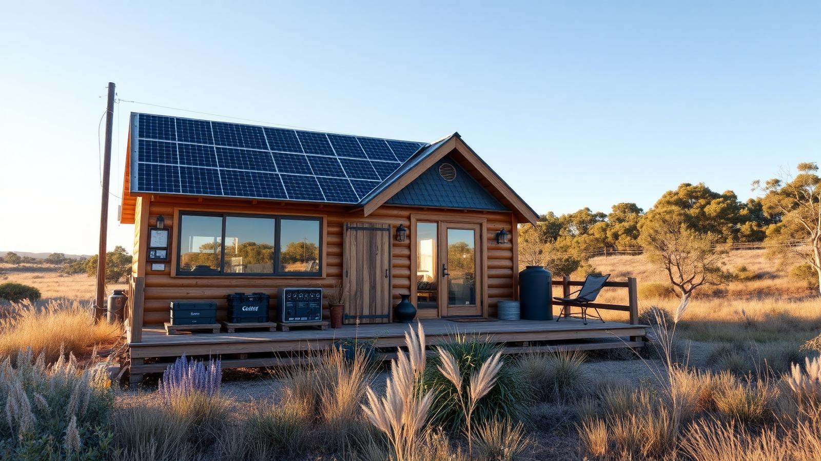 Fully off-grid, near-zero running costs tiny home design with garden A timber cabin with a roof solar array, batteries in. Images Created by www.Future-Home.Shop
