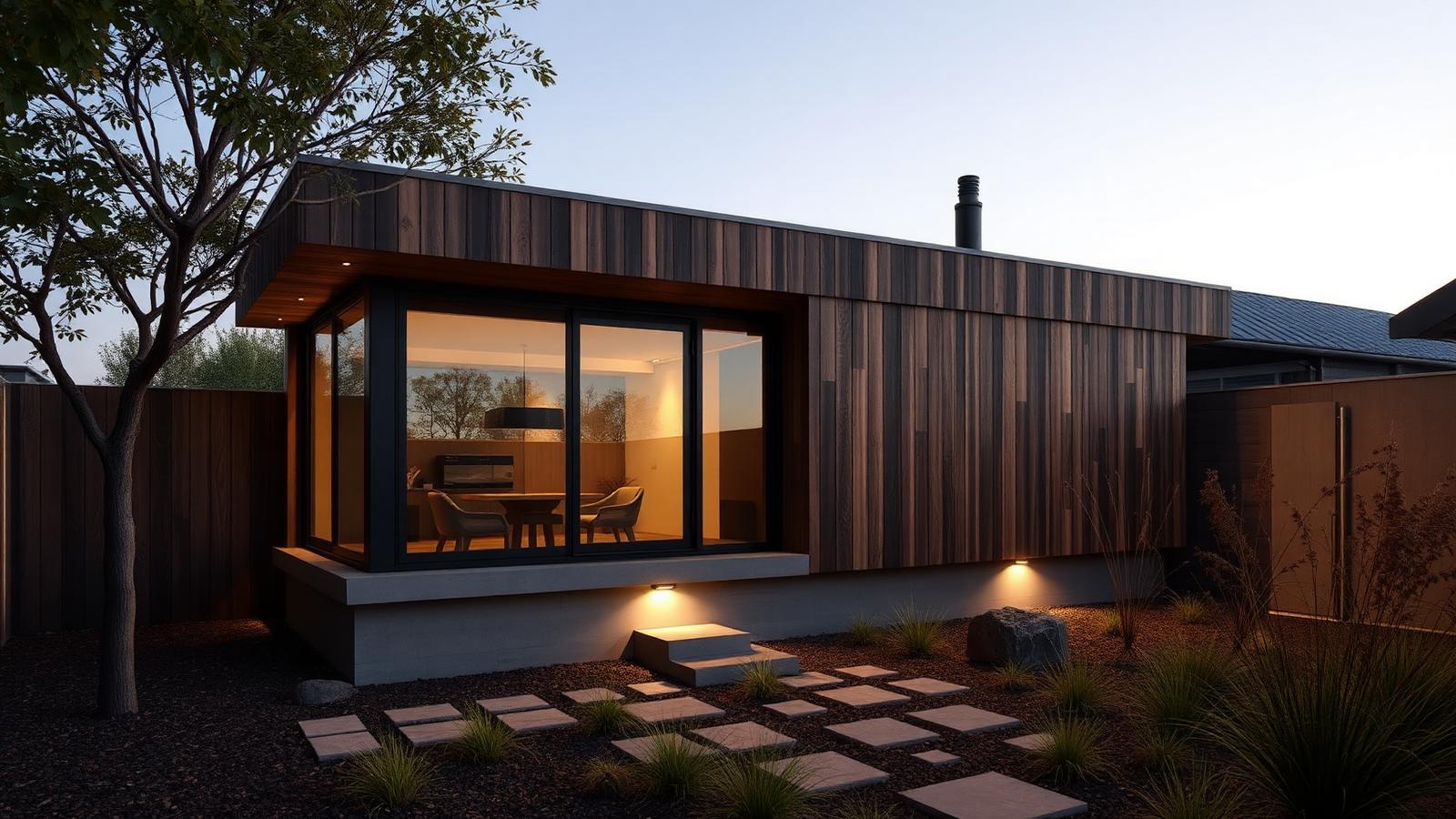 The premium tiny home and its problem tiny home design with garden Charred timber cladding, a concrete plinth, frameless glazing. Images Created by www.Future-Home.Shop