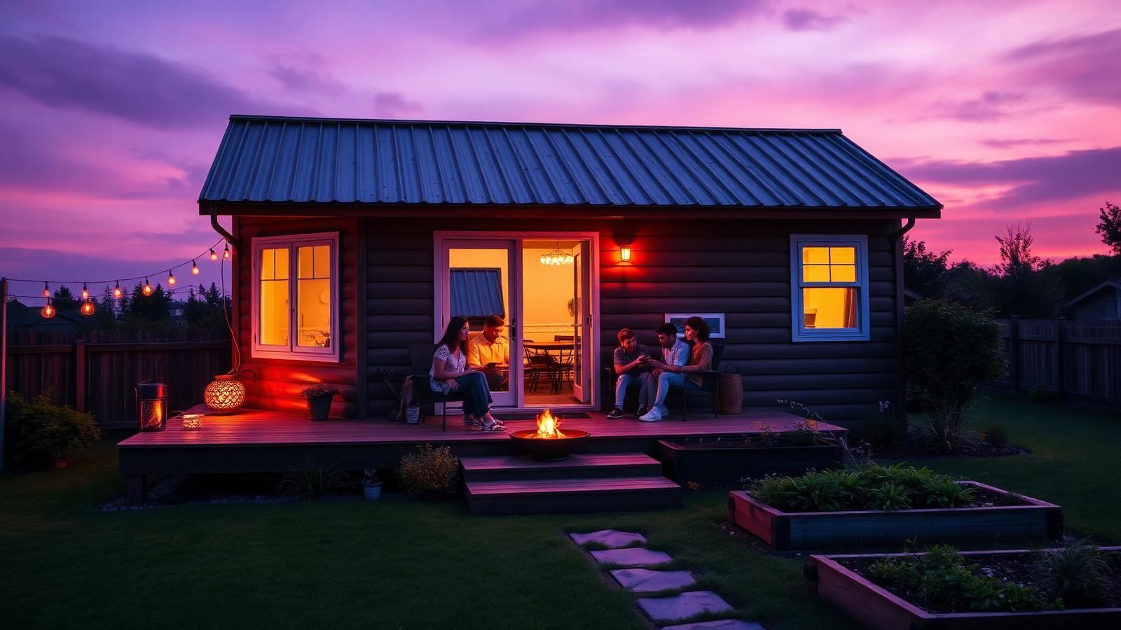 The answer, on a small deck at dusk tiny home design with garden Warm light in the windows, a family. Images Created by www.Future-Home.Shop
