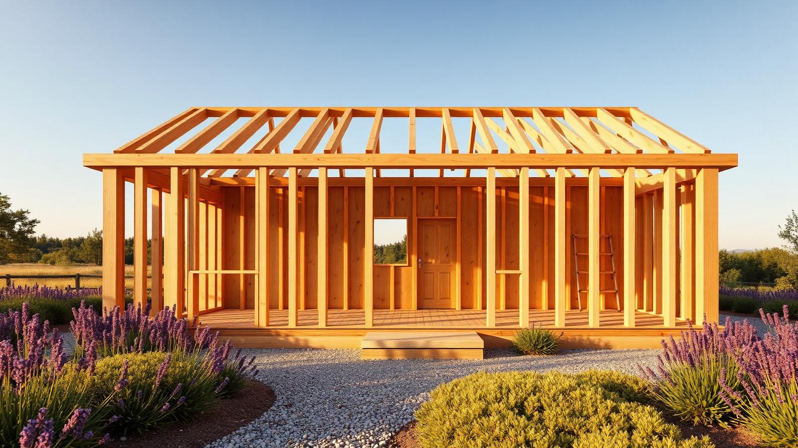Frame it once, and frame it square tiny home design with garden A timber stud frame standing complete with window. Images Created by www.Future-Home.Shop