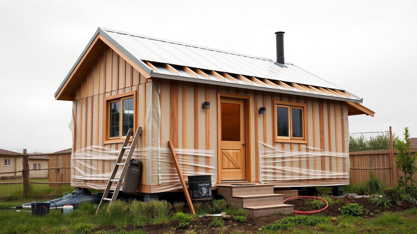 Wrap, batten and roof before anything else tiny home design with garden Building membrane taped at every lap, vertical battens. Images Created by www.Future-Home.Shop