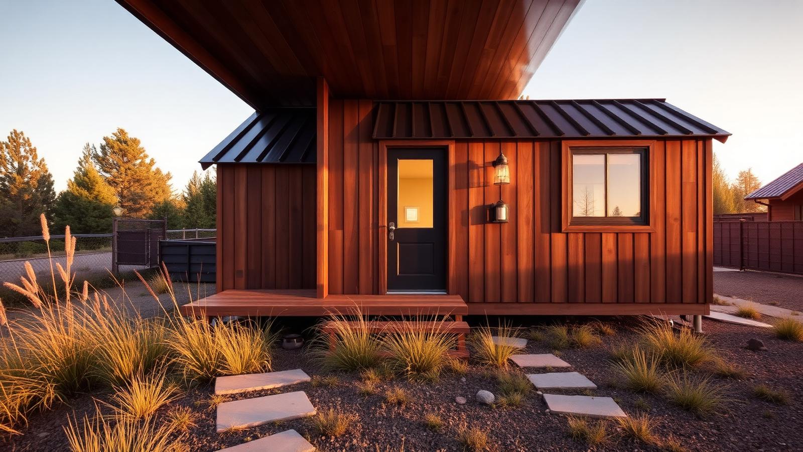 Cladding chosen for maintenance, not just looks tiny home design with garden Charred and oiled vertical timber under a standing. Images Created by www.Future-Home.Shop