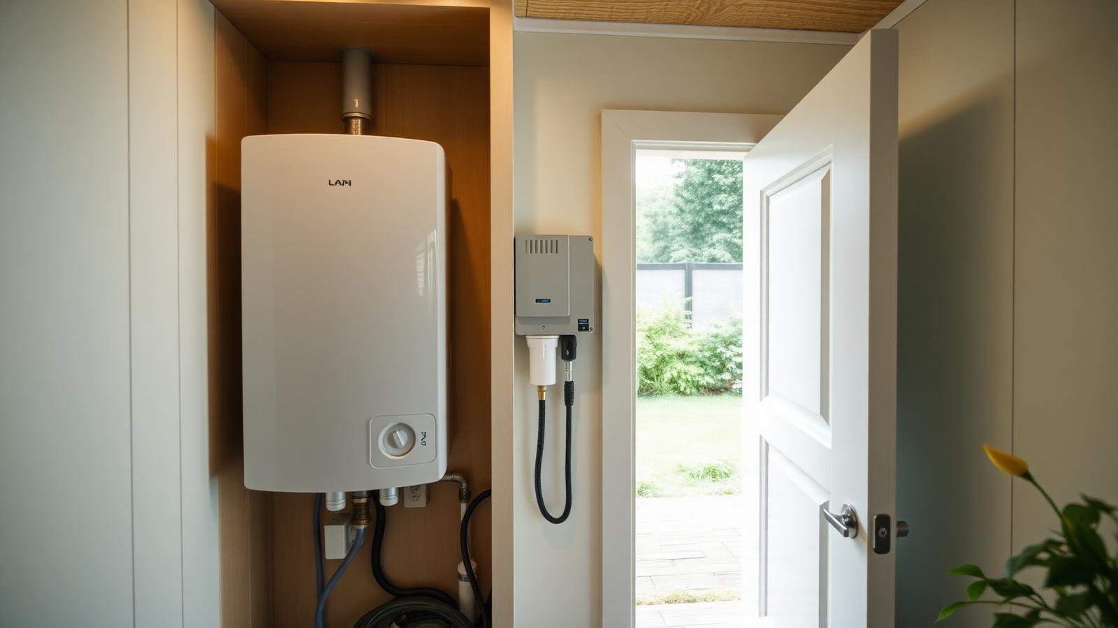 One services wall, all in one cupboard tiny home design with garden Hot water unit, switchboard, pump and filter grouped. Images Created by www.Future-Home.Shop