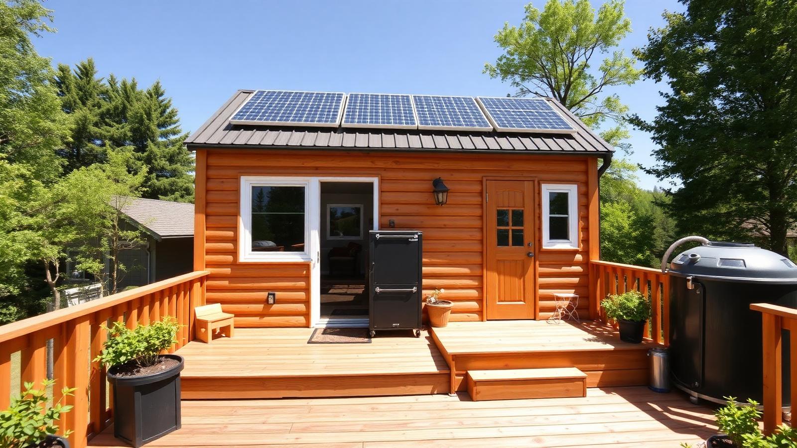 Solar, battery and rainwater sized to real use tiny home design with garden Roof array, battery cabinet on the deck. Images Created by www.Future-Home.Shop