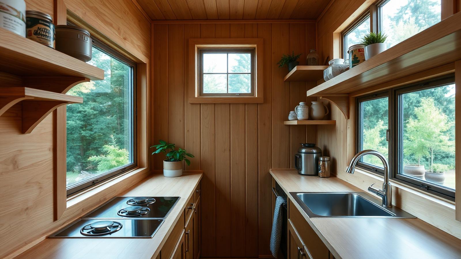 The kitchen a galley that actually works tiny home design with garden Plywood joinery, two burners, a deep single sink. Images Created by www.Future-Home.Shop