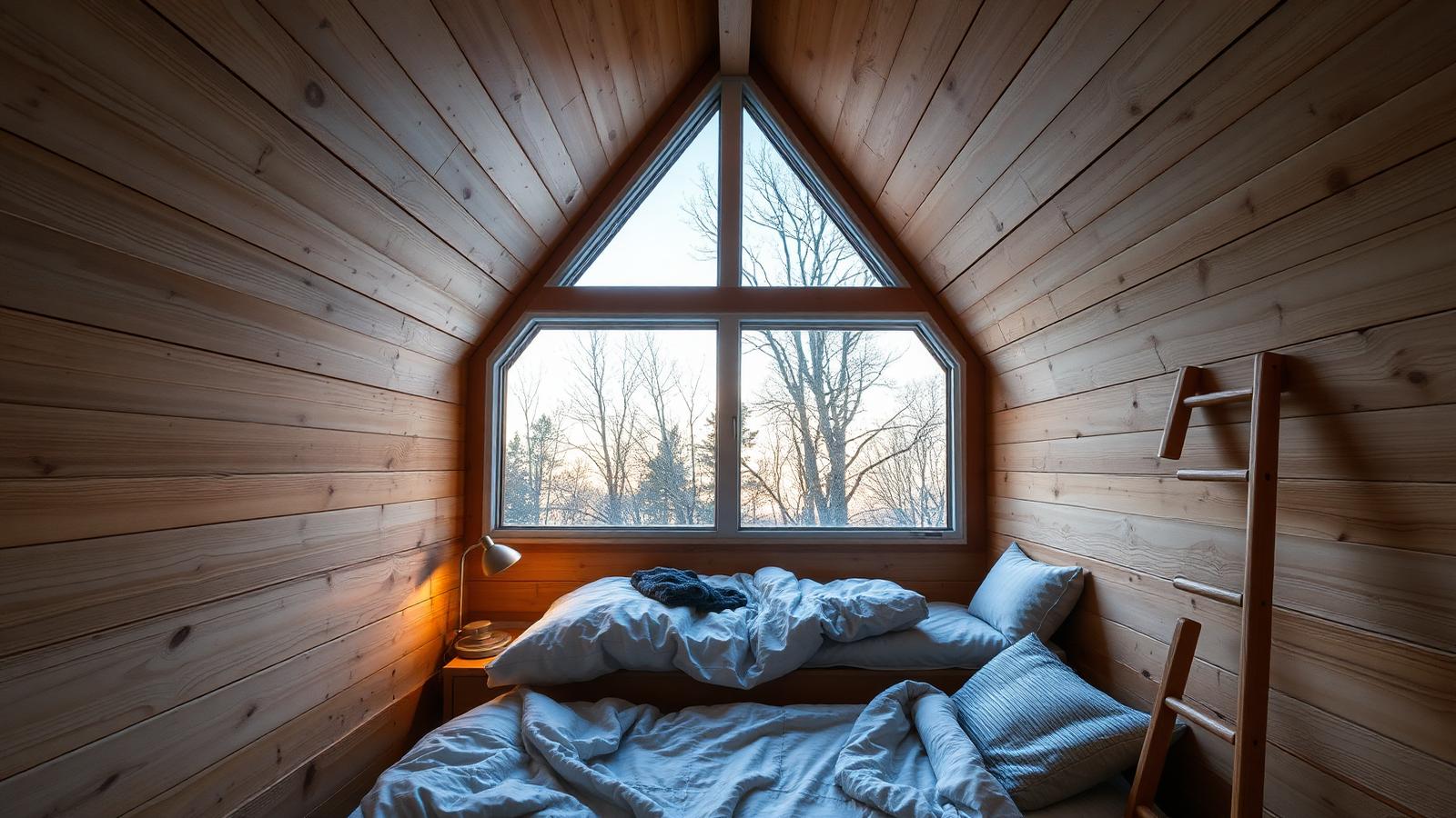 The sleeping loft headroom, air and light tiny home design with garden A low bed under a gable window with. Images Created by www.Future-Home.Shop