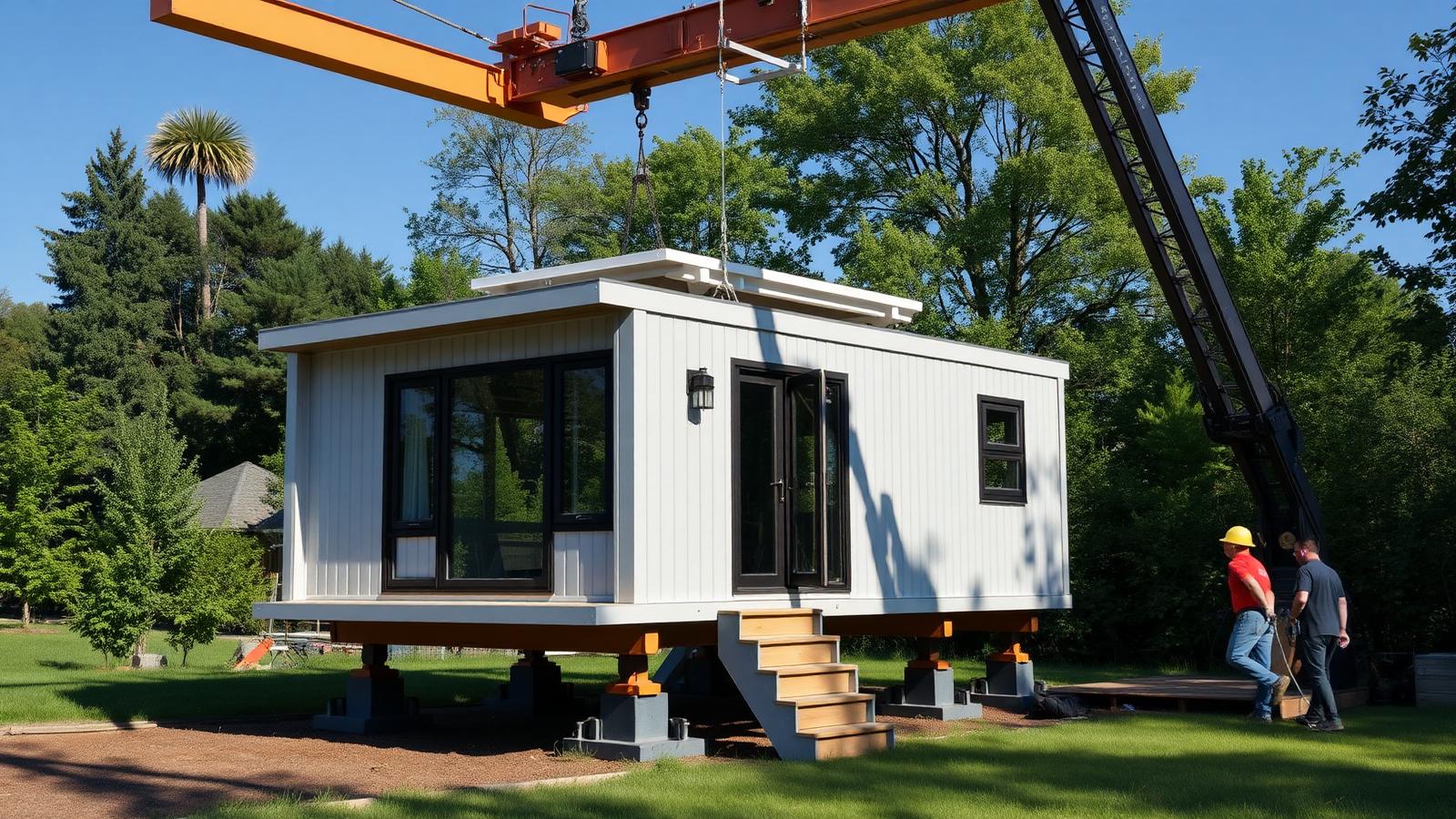 Prefab module craned onto prepared piers tiny home design with garden A factory-finished module set down on piers that were. Images Created by www.Future-Home.Shop