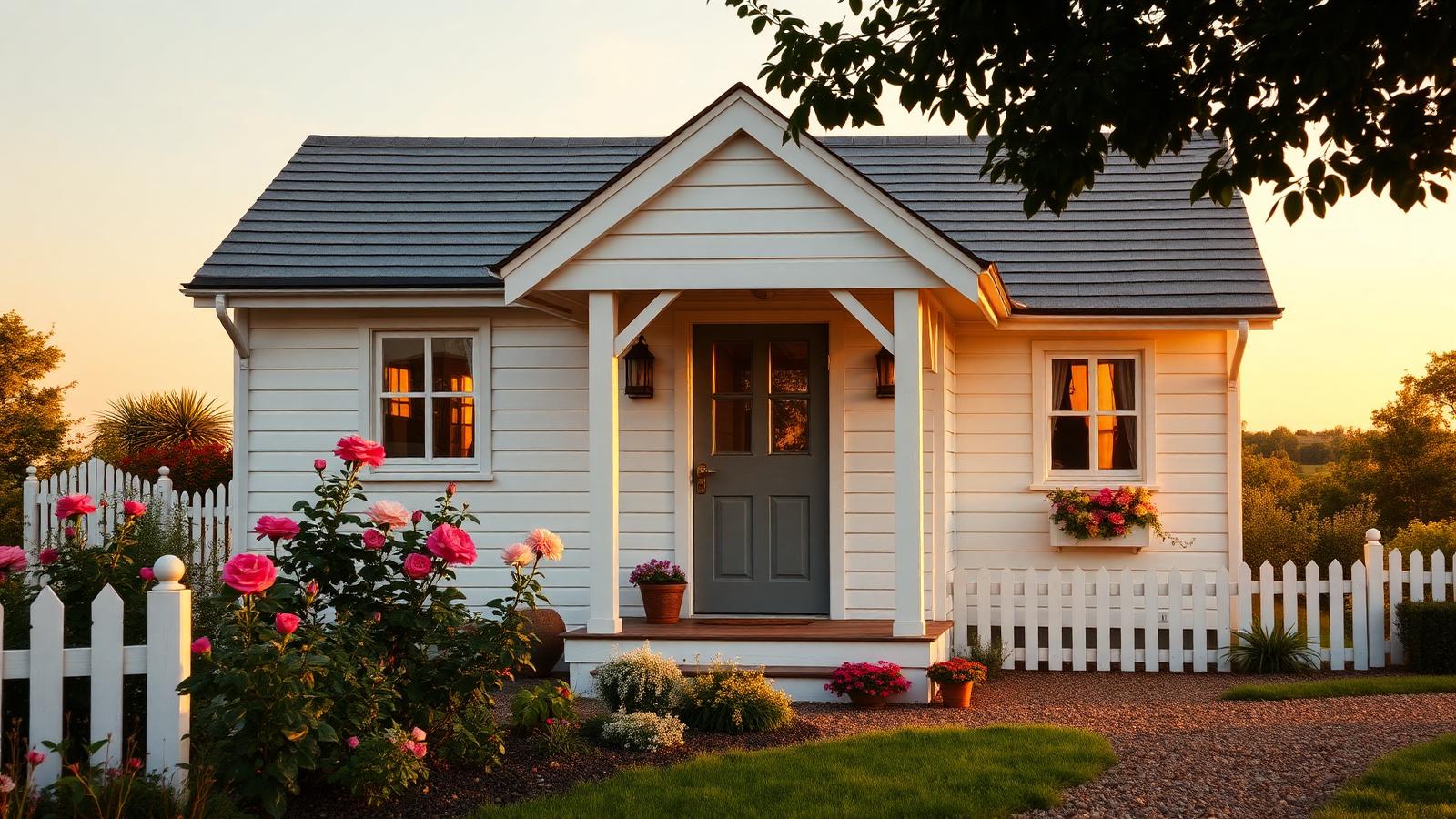 Finished cottage build with a planted front garden tiny home design with garden White weatherboard, a gabled entry porch, roses. Images Created by www.Future-Home.Shop