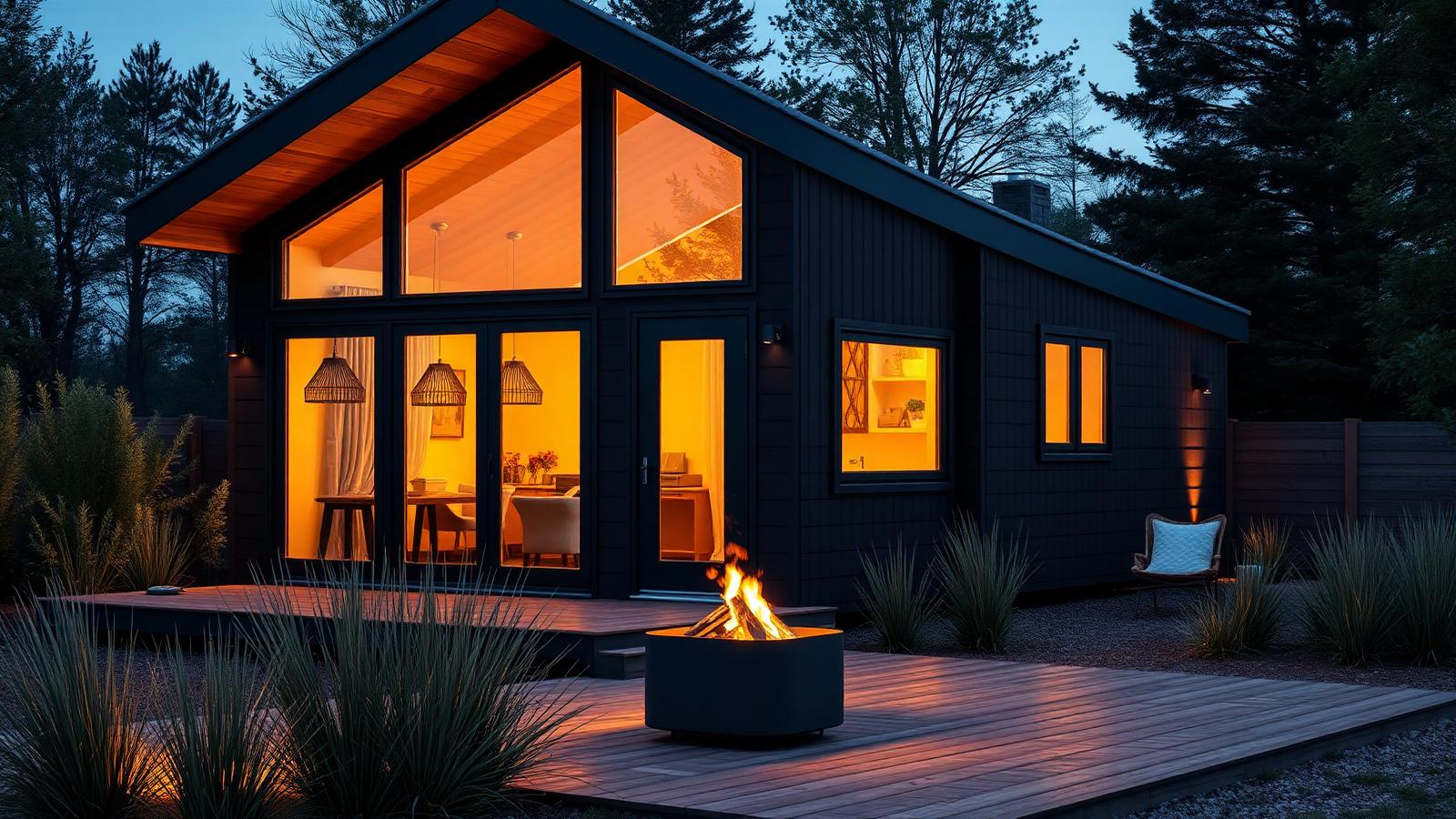 Finished modern build with a glazed gable tiny home design with garden Black cladding, a full-height glass gable, timber deck. Images Created by www.Future-Home.Shop