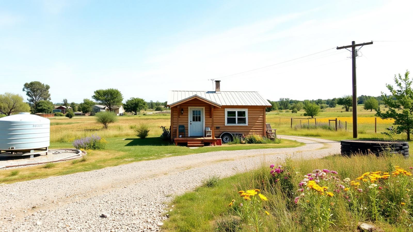 Rural site services, access and setbacks tiny home design with garden A small cabin on a paddock lot with driveway. Images Created by www.Future-Home.Shop