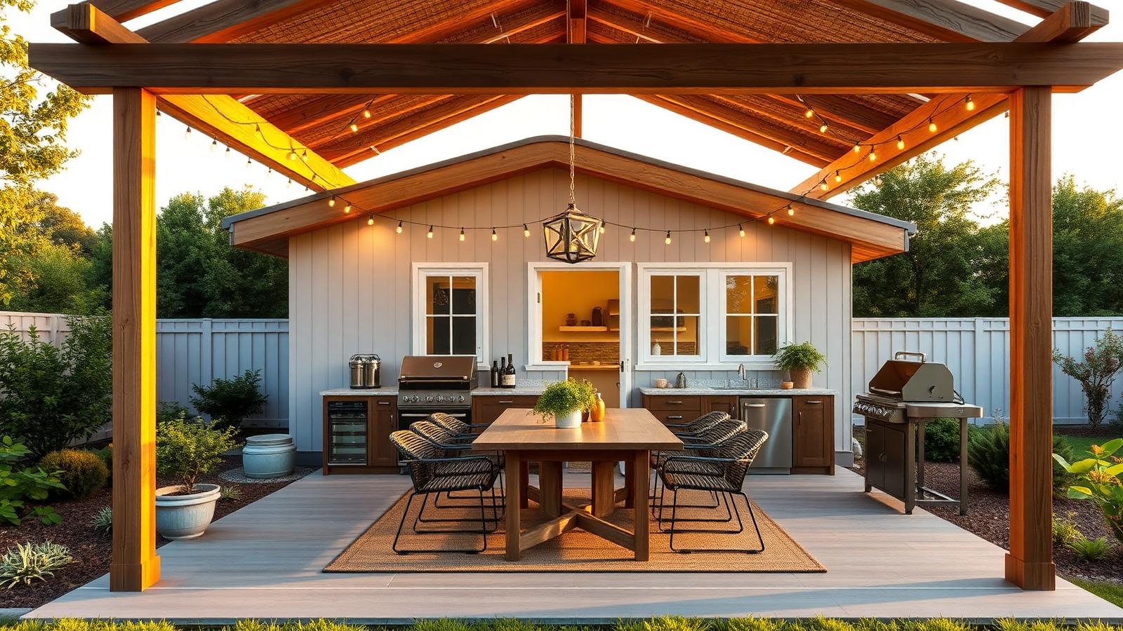 The outdoor room that doubles the house tiny home design with garden A pergola-covered deck with dining table, BBQ and. Images Created by www.Future-Home.Shop
