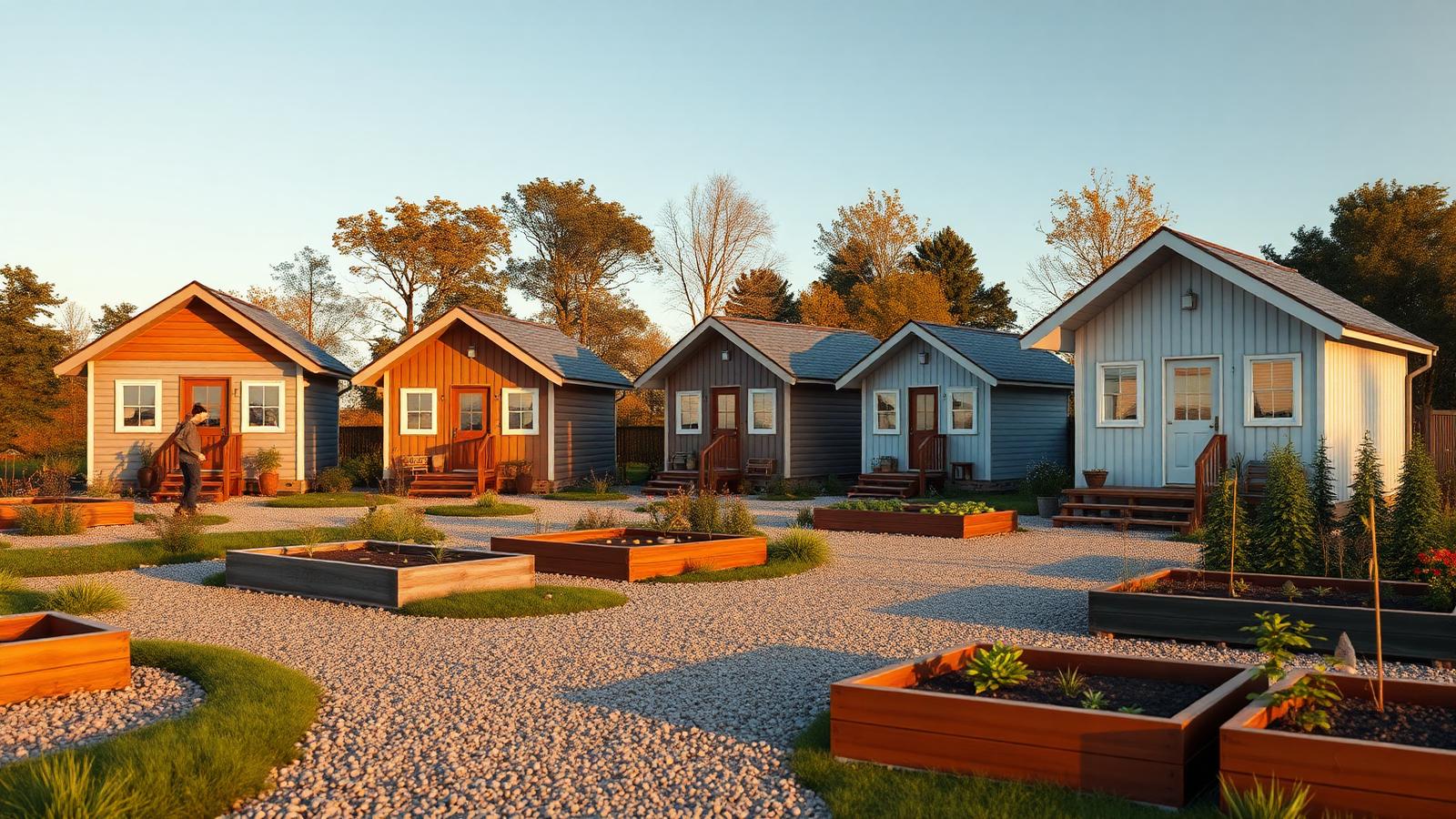 A village of finished builds sharing a garden tiny home design with garden Five completed cabins around gravel paths and. Images Created by www.Future-Home.Shop