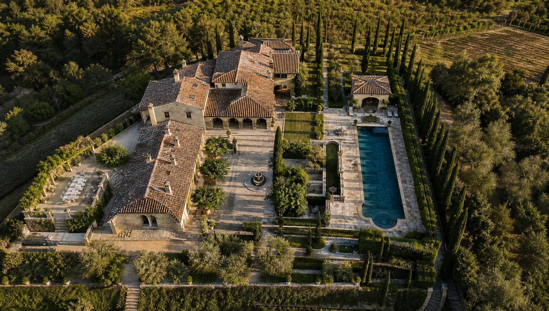 Aerial top view of Tuscan villa estate with cypress olive grove gravel courtyard and rectangular lap pool. Images Created by www.Future-Home.Shop