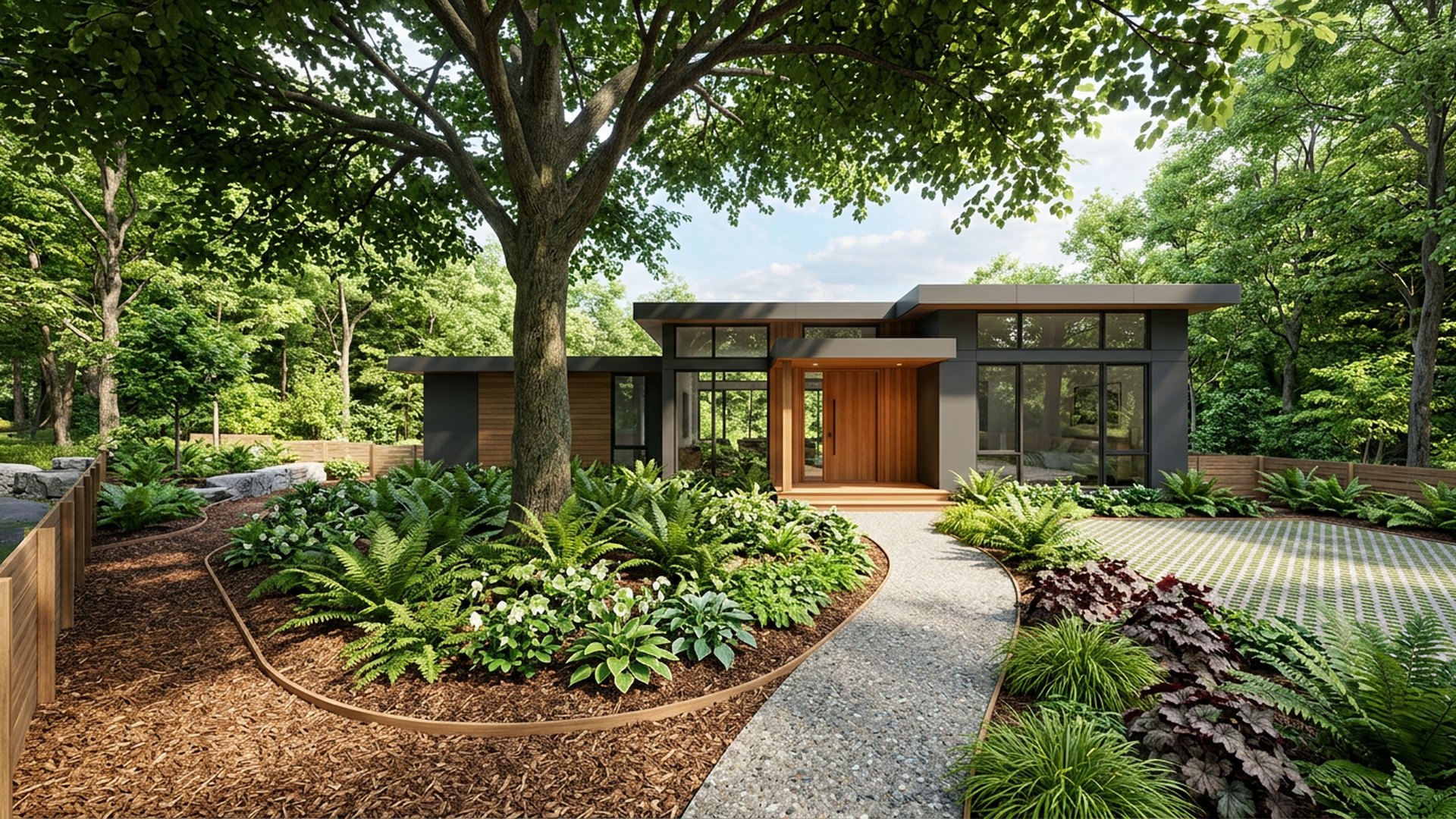 Woodland Shade Front front yard landscaping concept Forward Looking Ferns, hellebores and bark mulch under an existing canopy tree. The. Images Created by www.Future-Home.Shop
